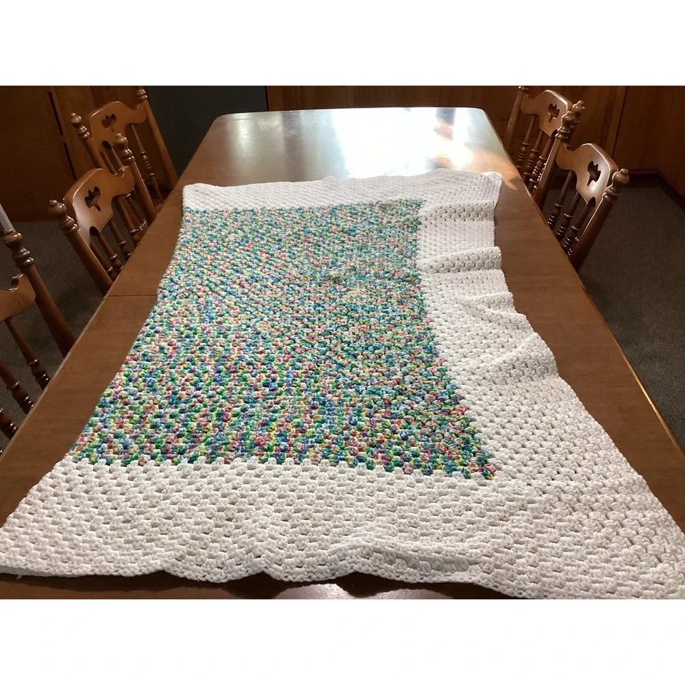 VTG Multi-Color Crochet Afghan Blanket‎ w/ White Border 48